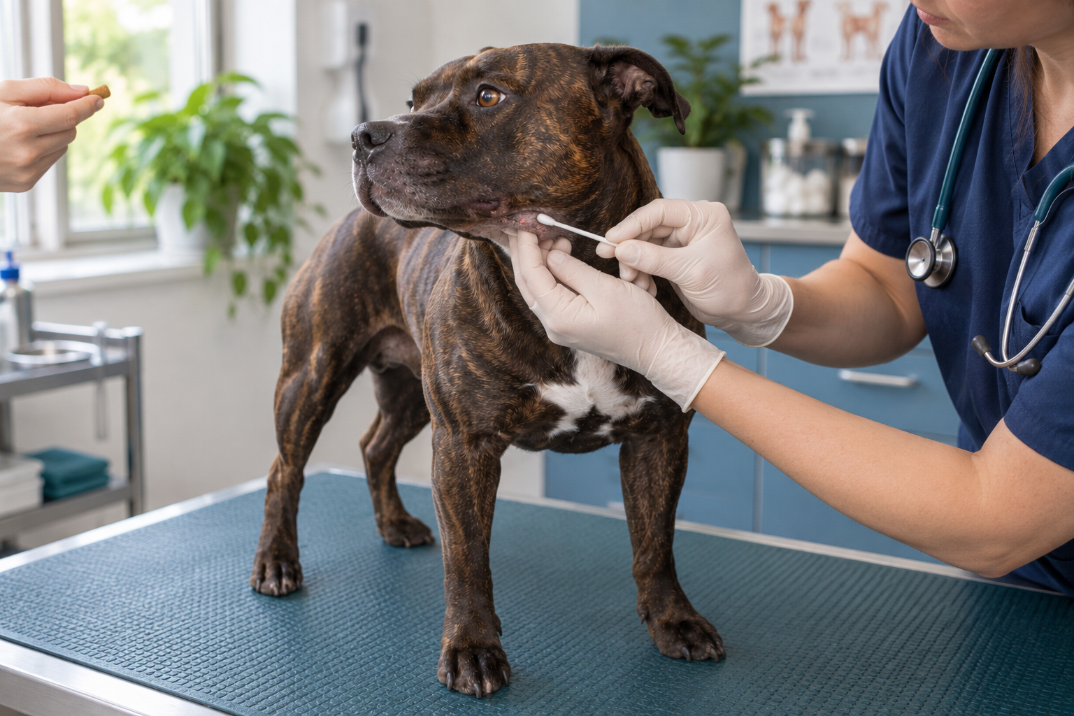 Veterinářka odebírá povrchový vzorek ze zanícené brady psa